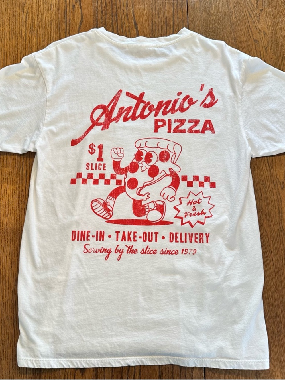 Altar'd State White Graphic Tee with Red Antonio's Pizza Design